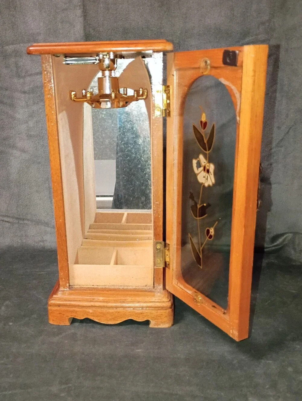 Vintage Wooden Jewelry Cabinet with Stained Glass Door 10.5x5.5 In